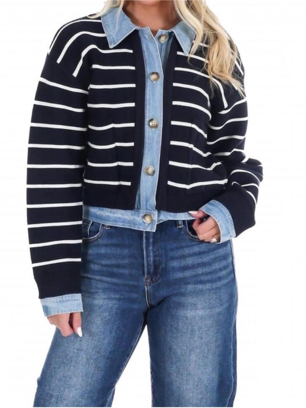 MABLE Navy and White Striped Knit Jean-Trim Jacket - Picture 8 of 8